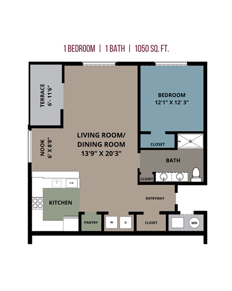1 Bedroom, 1 Bathroom 1050 Sq Ft